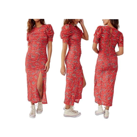 Free People Brielle Red Bloom Ruched Dress S - Picture 2 of 5